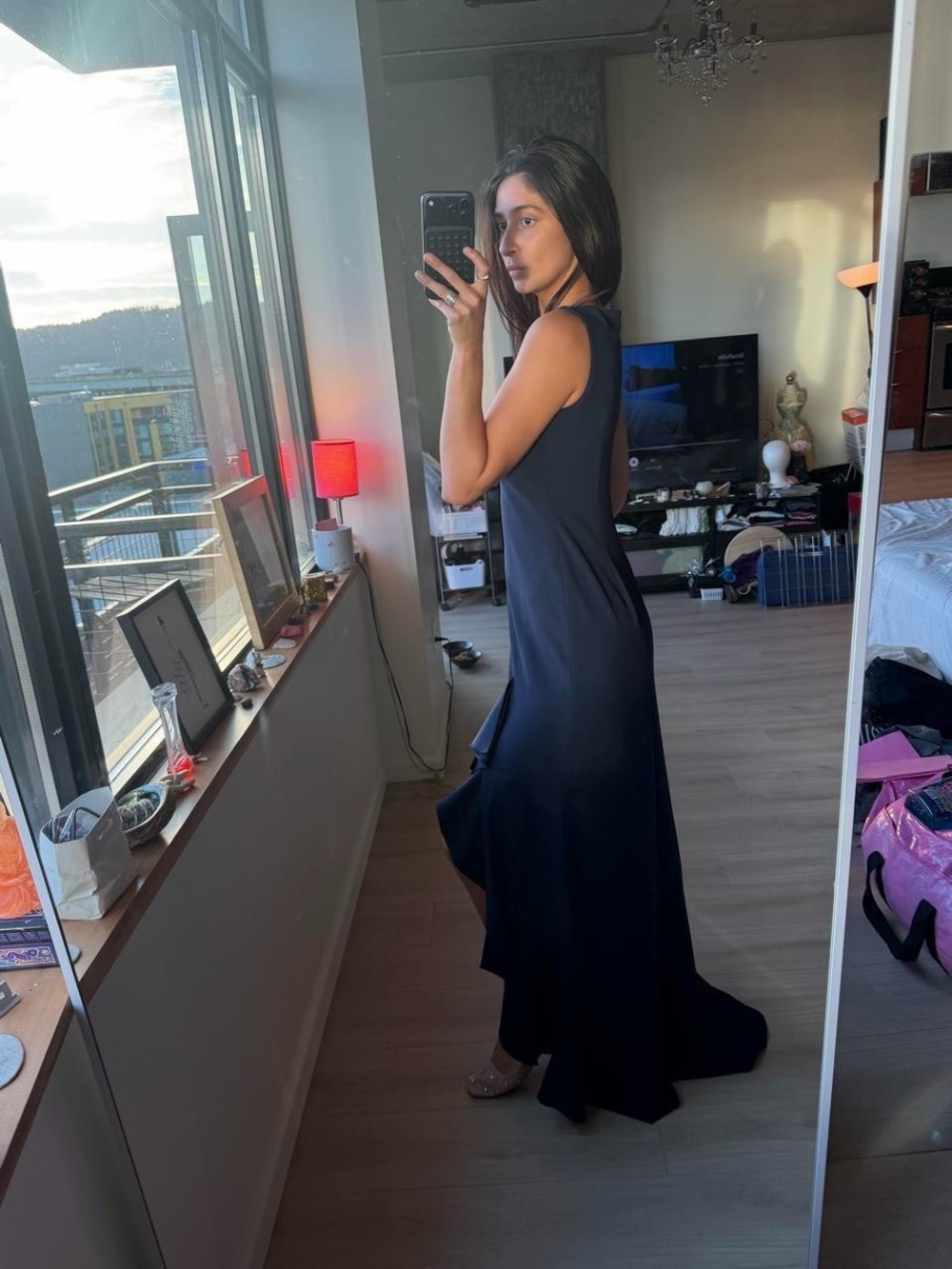 Calvin Klein Blue Sleeveless Mermaid Gown with Front Ruffle Slit - Picture 2 of 7